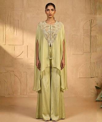 Green pearl cascade embellished cape set 1
