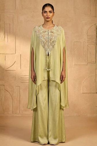 Green pearl cascade embellished cape set