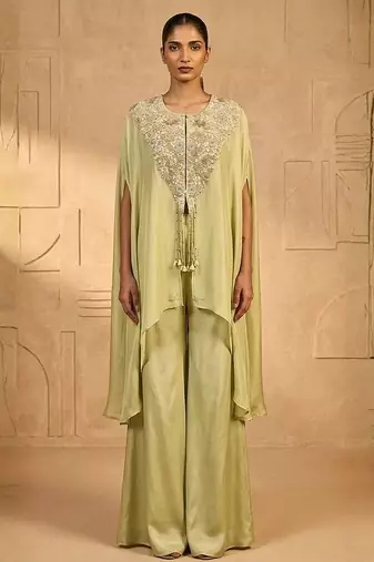 Green pearl cascade embellished cape set