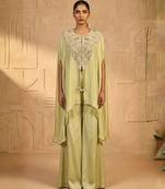 Green pearl cascade embellished cape set