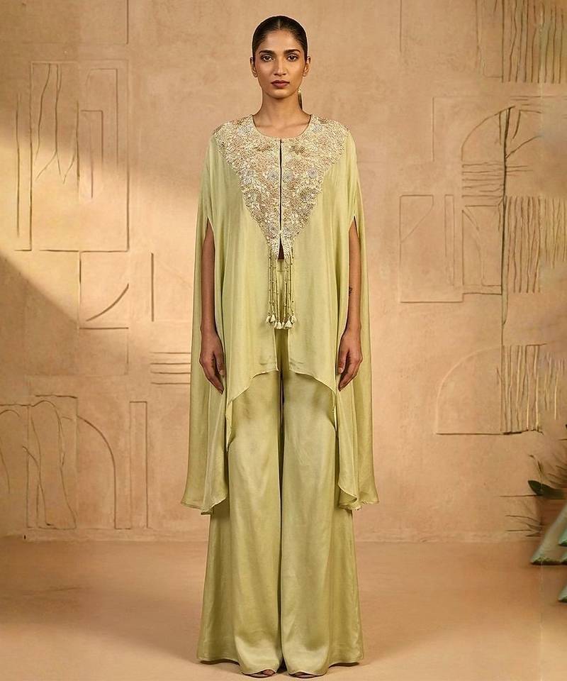 Green pearl cascade embellished cape set