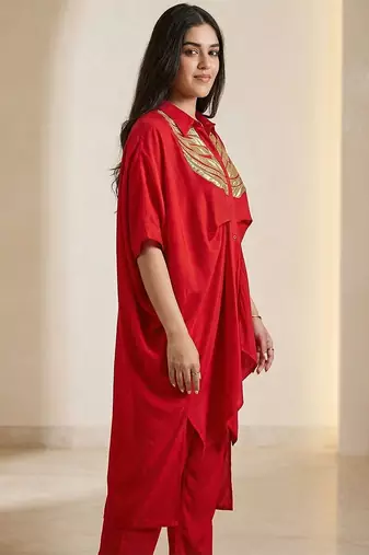 Crimson red wings gold patch kaftan co ord set