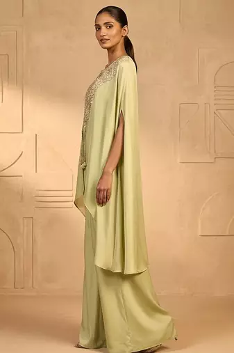 Green pearl cascade embellished cape set