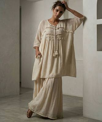 Beige cotton kaftan with flared loose pant 1