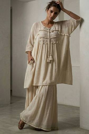 Beige cotton kaftan with flared loose pant
