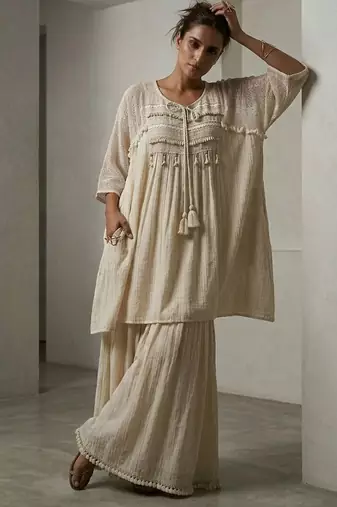Beige cotton kaftan with flared loose pant
