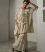 Beige cotton kaftan with flared loose pant