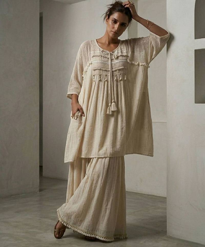 Beige cotton kaftan with flared loose pant