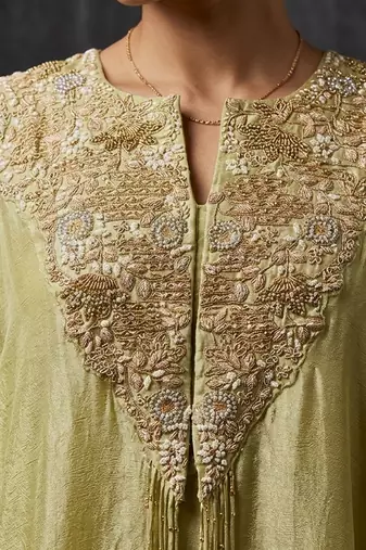Green pearl cascade embellished cape set
