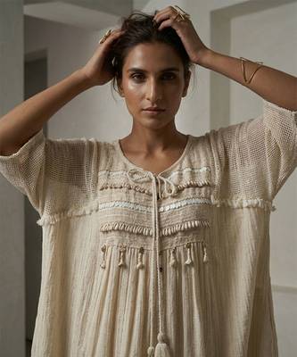 Beige cotton kaftan with flared loose pant 2