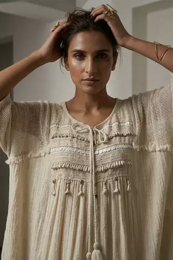 Beige cotton kaftan with flared loose pant