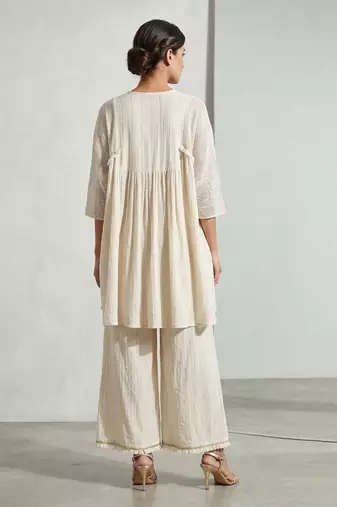 Beige cotton kaftan with flared loose pant
