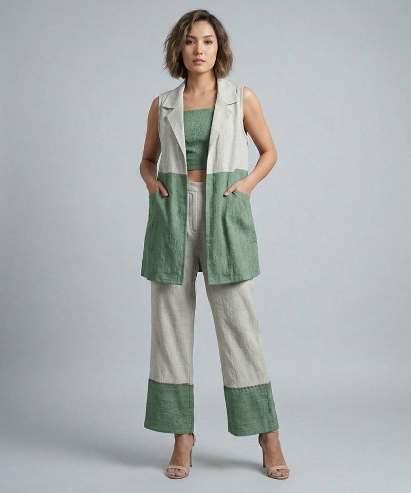 Off white green organza co ord set