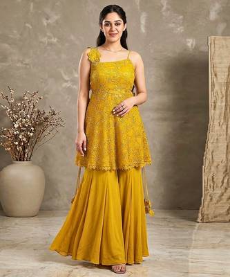 Golden crochet lace jute silk peplum sharara set 1