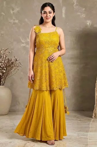 Golden crochet lace jute silk peplum sharara set