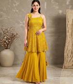 Golden crochet lace jute silk peplum sharara set