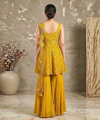Golden crochet lace jute silk peplum sharara set 2