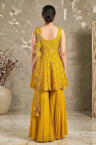 Golden crochet lace jute silk peplum sharara set