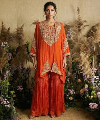 Orange hand embroidered silk kaftan with sharara pant 1
