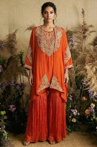Orange hand embroidered silk kaftan with sharara pant