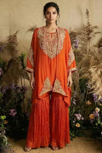 Orange hand embroidered silk kaftan with sharara pant