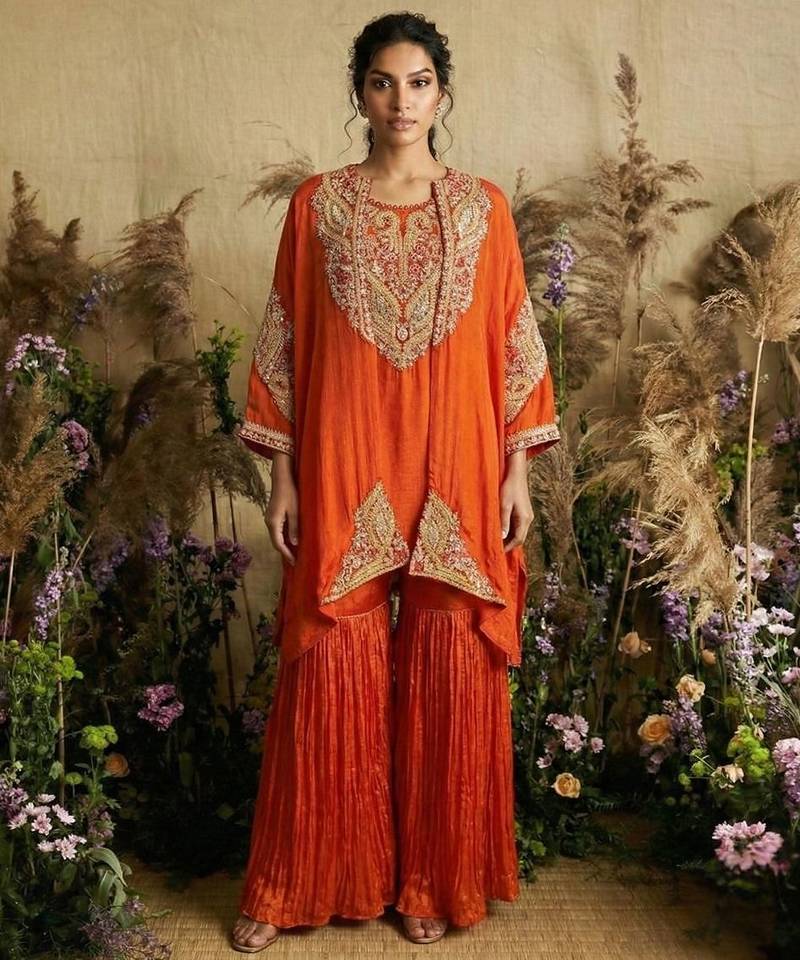 Orange hand embroidered silk kaftan with sharara pant