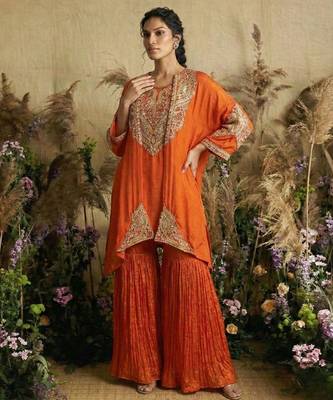 Orange hand embroidered silk kaftan with sharara pant 2