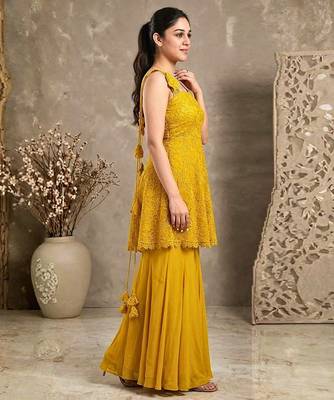 Golden crochet lace jute silk peplum sharara set 3