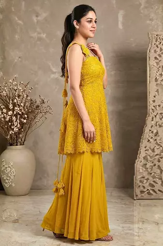 Golden crochet lace jute silk peplum sharara set