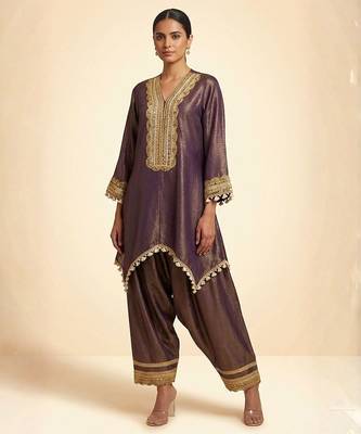 Royal plum purple hand embellished tissue farshi salwar set 1