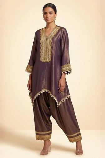 Royal plum purple hand embellished tissue farshi salwar set