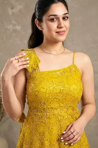 Golden crochet lace jute silk peplum sharara set