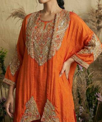 Orange hand embroidered silk kaftan with sharara pant 3