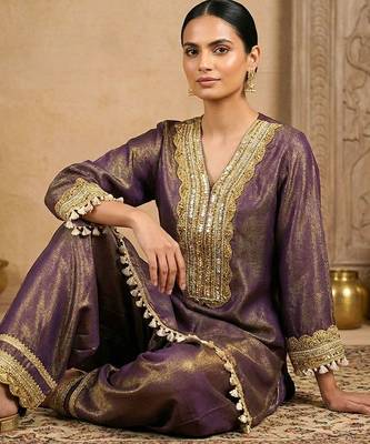 Royal plum purple hand embellished tissue farshi salwar set 2