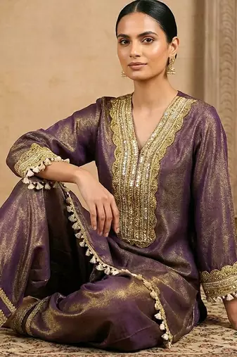 Royal plum purple hand embellished tissue farshi salwar set