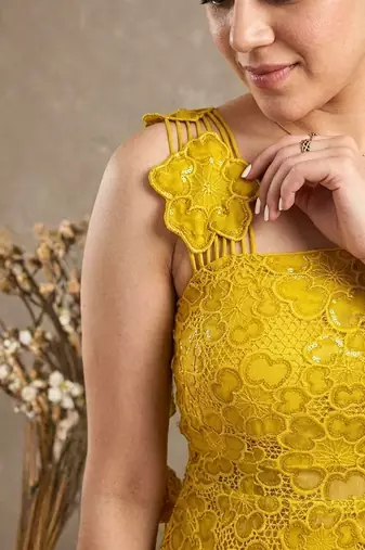 Golden crochet lace jute silk peplum sharara set