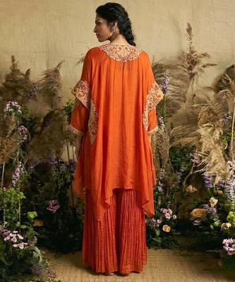 Orange hand embroidered silk kaftan with sharara pant 4