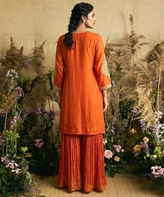 Orange hand embroidered silk kaftan with sharara pant 5