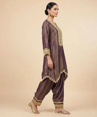 Royal plum purple hand embellished tissue farshi salwar set 4