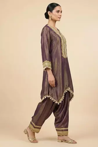 Royal plum purple hand embellished tissue farshi salwar set