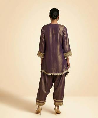 Royal plum purple hand embellished tissue farshi salwar set 5