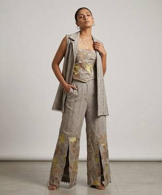 Grey embroidered top and pant set with jacket 1