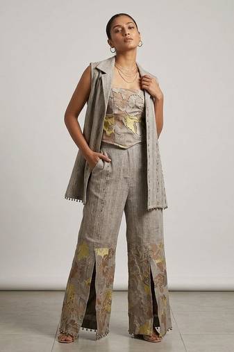 Grey embroidered top and pant set with jacket