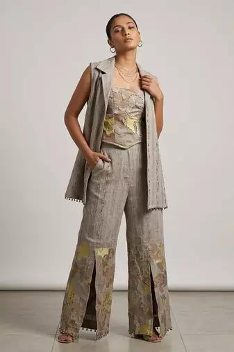 Grey embroidered top and pant set with jacket