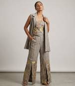 Grey embroidered top and pant set with jacket