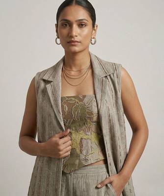 Grey embroidered top and pant set with jacket 2