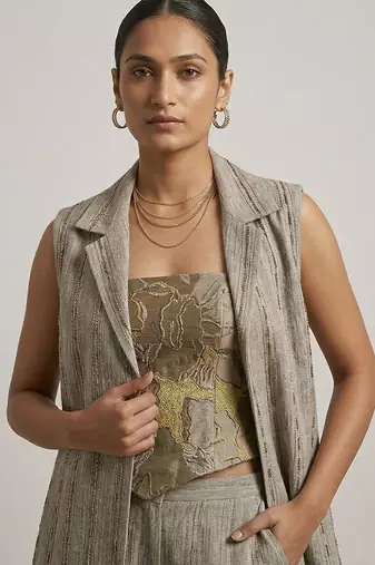 Grey embroidered top and pant set with jacket