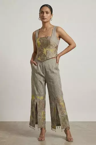 Grey embroidered top and pant set with jacket