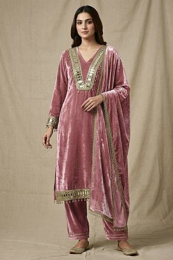 Old rose pink velvet mirror embellished kurta set
