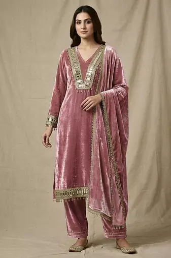 Old rose pink velvet mirror embellished kurta set